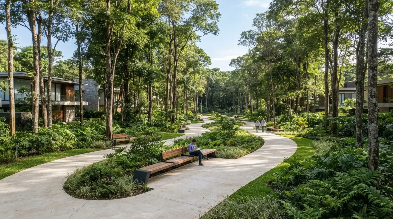 Un parque lineal con senderos entre árboles (imagen ilustrativa de una amenidad proyectada)