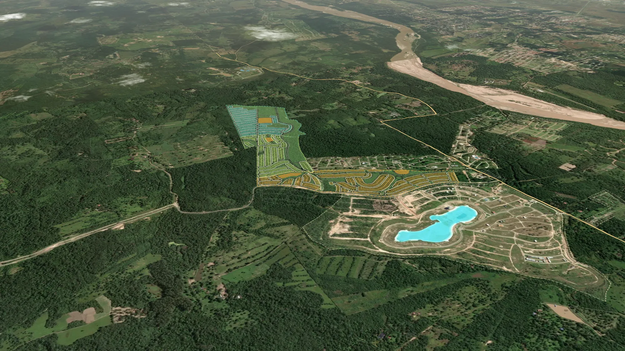 Berchatti Residence Urubó en el mapa 3D: los tres sectores sobre el satélite, junto a la laguna de Playa Turquesa
